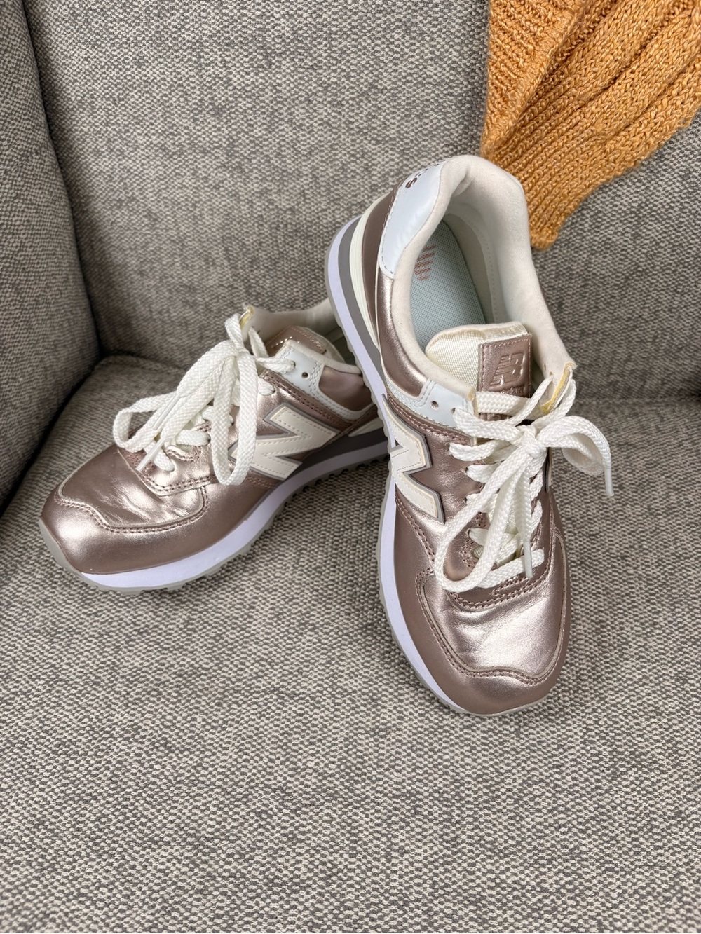 New Balance 574 Rose Gold and Cream Metallic Sneakers - Picture 2 of 10
